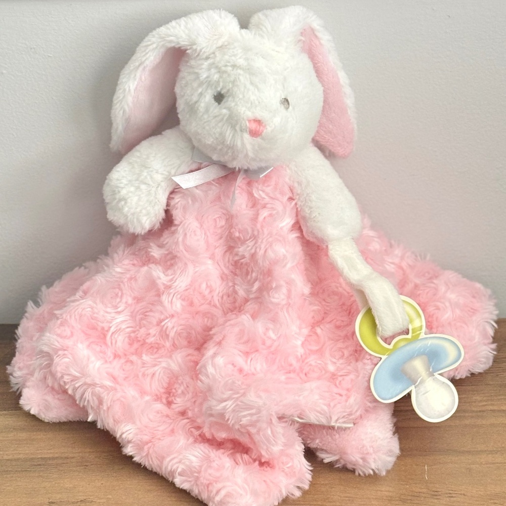 NEW Blankets & Beyond White‎ Bunny Pink Rosette Plush Security Blanket Rabbit